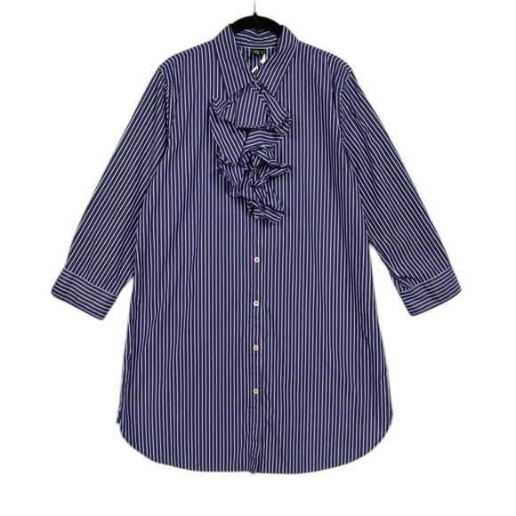 Lauren Ralph Lauren Striped Ruffle Button Front Shirt Dress Size XL Blue Preppy - Picture 1 of 8